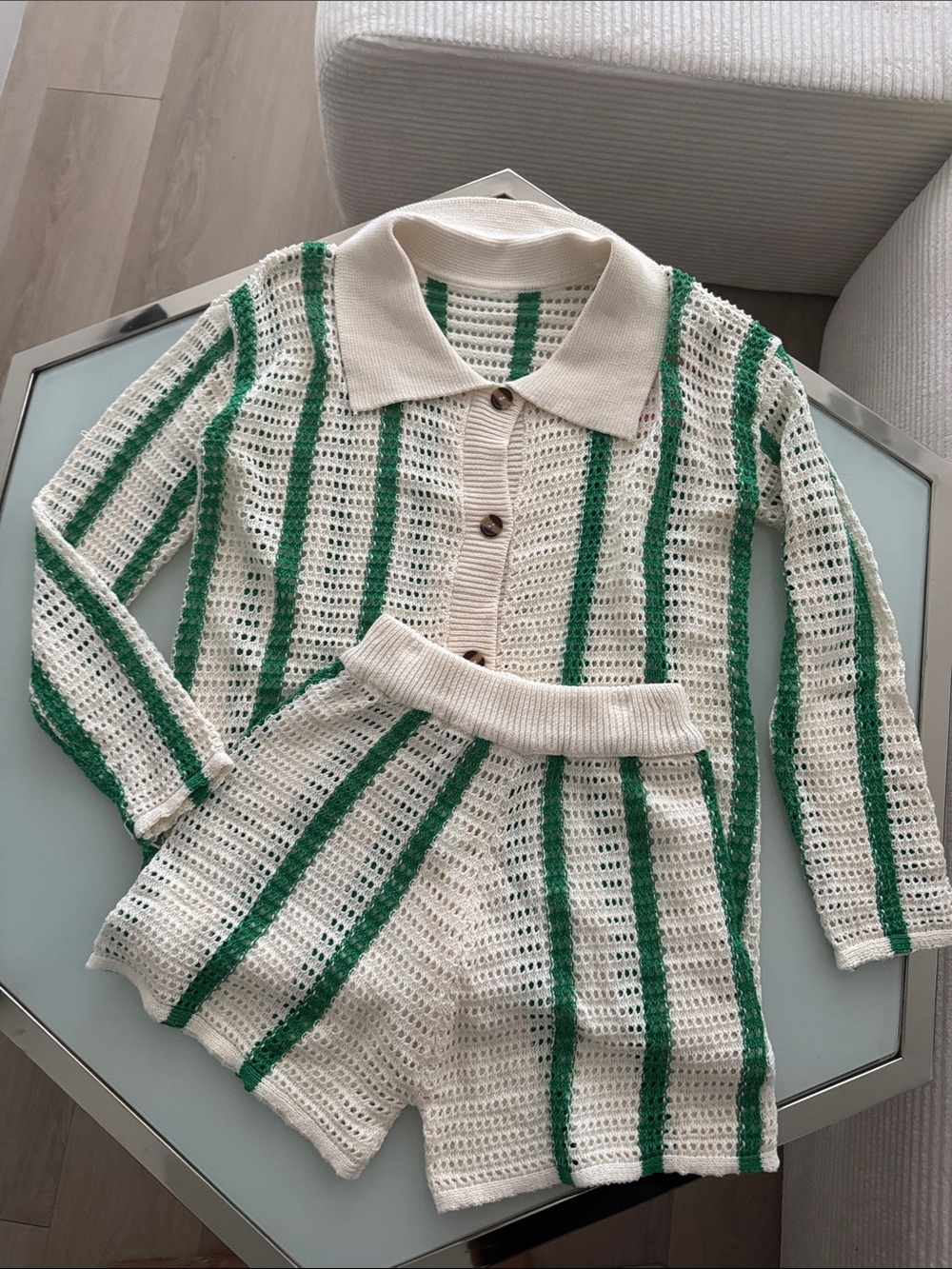 Cream & Green Striped Open-Knit Polo Sweater Set